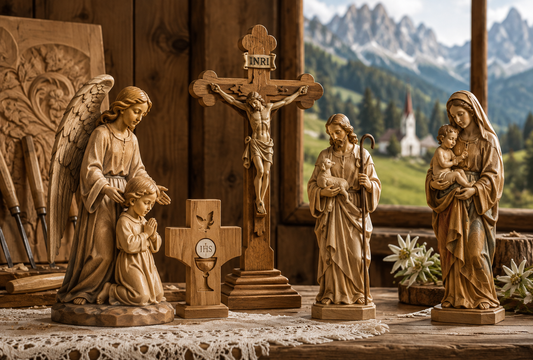 Holzgeschnitzte Kreuze und Kruzifixe aus dem Grödnertal für Erstkommunion und Firmung